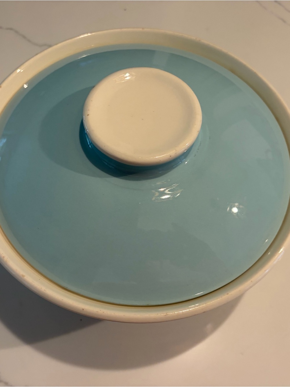 Source Unknown Light Blue and Cream Glazed Ceramic Covered Bowl